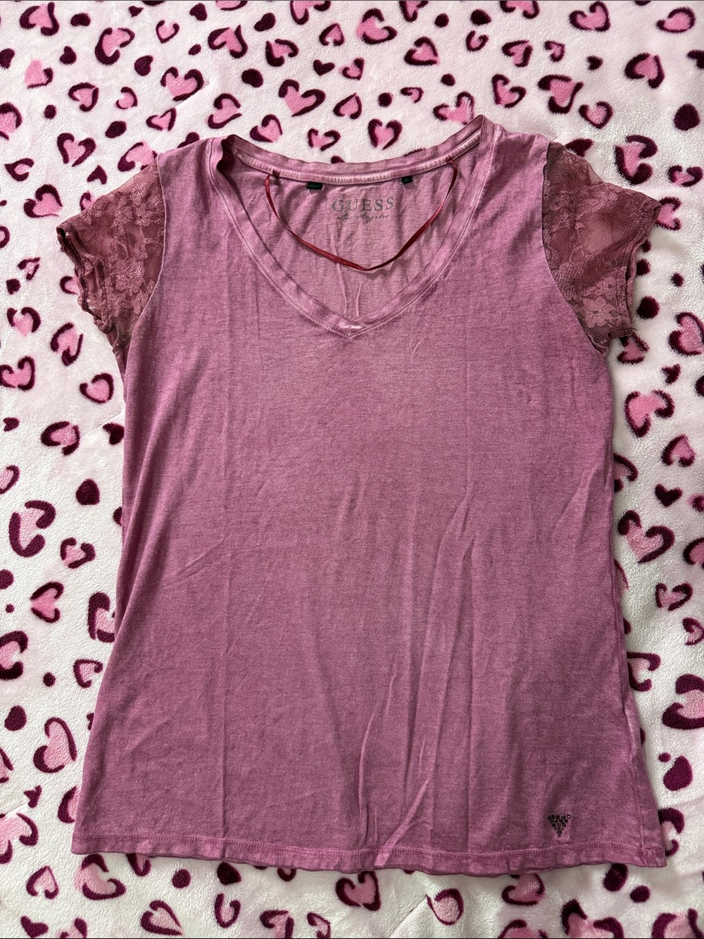 GUESS Mauve Pink Lace Cap-Sleeve V-Neck Tee